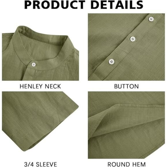 Mens Linen Shirts Casual Cotton 3/4 Sleeve Regular-Fit Henley - Picture 2 of 6